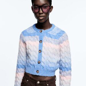 Zara Women's CABLE-KNIT JACKET Blue/Pink